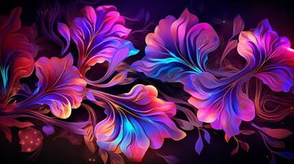 Beautiful abstract neon light glossy metallic floral