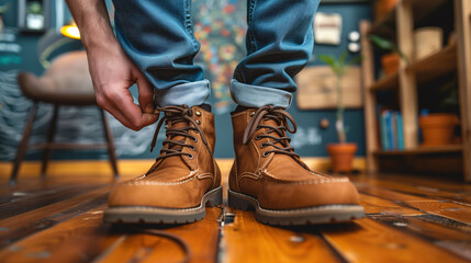 Person tying laces on brown leather boots on a wooden floor with blurred background.