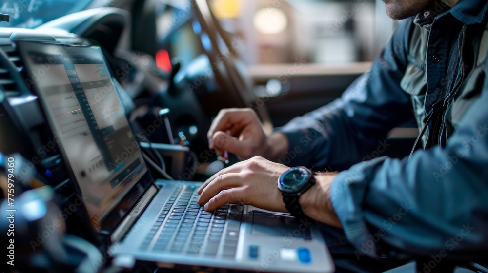 Poster ecu tuning (auto mechanic) using a notebook computer