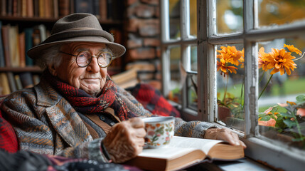 Elderly person reading by window with flowers, cozy atmosphere.