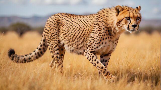 A cheetah hunting on a savanna 