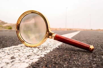 Closeup of a magnifying glass on an asphalt road - travel concept