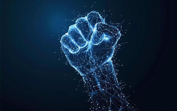 Abstract raise fist low ploygonal art.luminance line on dark blue background.