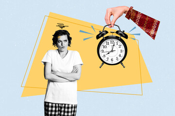 Composite photo collage of unhappy angry awake woman hand hold alarm ring morning sleeplessness stress isolated on painted background