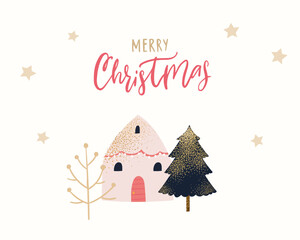 Cute pink house, winter Christmas scene, spruce tree decorated on white background. Winter season holidays greeting card vector design