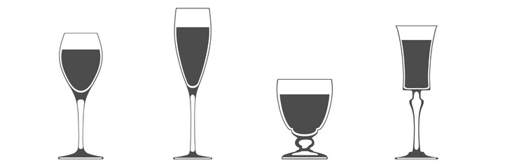 Set of glasses full of wine. Isolated flat icon symbol.