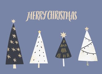 Handmade minimalist Christmas card, hand drawn trees silhouettes decorated with stars and textures. Golden sparkle elements on blue and black background - 775980846