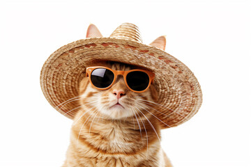 A ginger cat in sunglasses and a sombrero hat, isolated on a white background. Concept of relaxation, summer holiday