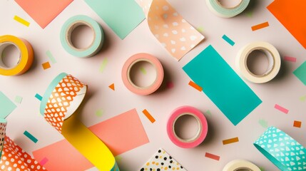 Colorful washi tape rolls, arranged in a playful pattern against a craft paper background, showcasing creativity and the joy of personalizing projects low noise - obrazy, fototapety, plakaty