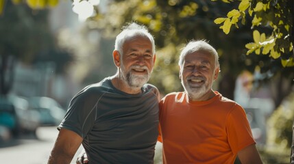 An outdoor portrait of senior men, fitness, and laughter for exercise motivation, retirement health, and friendship.