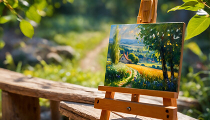 a painting of a landscape on a wooden easel with a bench in the foreground and a tree in the background - obrazy, fototapety, plakaty