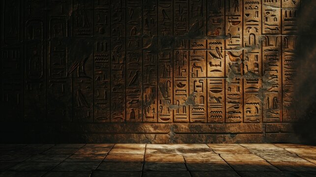 Detail of Egyptian inscriptions and paintings on Egyptian temples, ceilings and walls