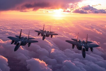 Four fighter jets flying at sunset in sky