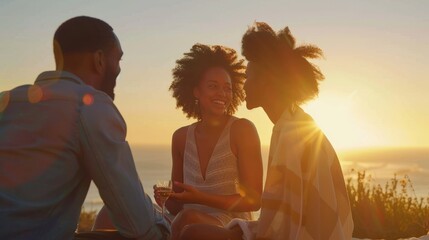 At sunset, multiracial male and female friends chat during a picnic near the sea