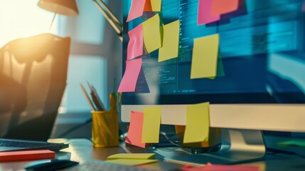 Bright and playful sticky notes, their edges curling with messages and reminders, set against a computer monitor, emphasizing productivity and fun in planning hyper realistic