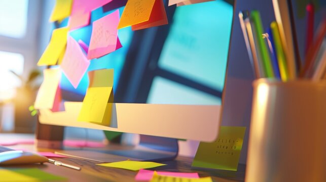 Bright and playful sticky notes, their edges curling with messages and reminders, set against a computer monitor, emphasizing productivity and fun in planning hyper realistic
