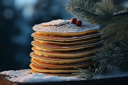 Delicious traditional russian blini with winter scenery and festive christmas pine branch