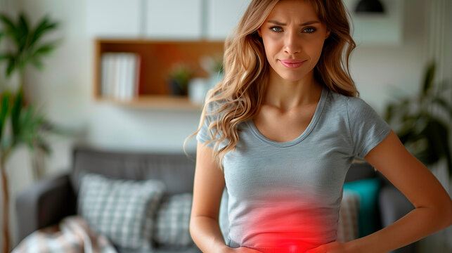 Woman with a suffering face touching her belly, menstrual pain, endometriosis, cystitis and other diseases of the urinary system. Gastric and stomach problems.