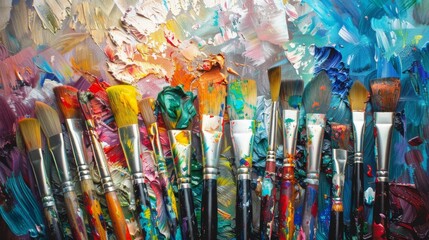An assortment of fine art brushes, their bristles still wet with paint, set against a canvas splattered with a rainbow of colors, highlighting the artistic process no dust