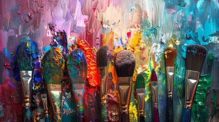 An assortment of fine art brushes, their bristles still wet with paint, set against a canvas splattered with a rainbow of colors, highlighting the artistic process no dust - obrazy, fototapety, plakaty