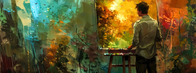 Artist painting a colorful abstract canvas