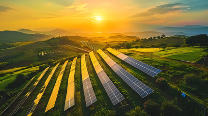 Solar panels system installed on a lush green valley