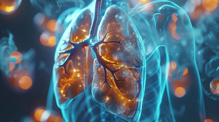 A close-up visualization of human lungs anatomy with a focus on alveoli and bronchial branches.