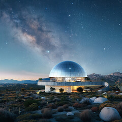 Obraz premium A celestial observatory where scientists study the phylogenetics of star-born species, their DNA intertwined with the fabric of the cosmos