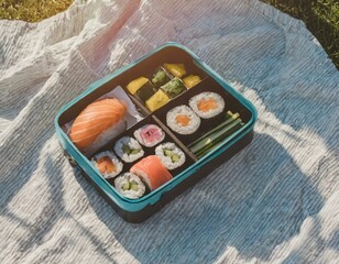 Colorful sushi and rolls packed in a bento box, set on a picnic blanket in a sunny park, offering a casual and joyful outdoor meal experience