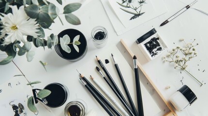 A wellorganized calligraphy set, including nibs, ink pots, and practice sheets, set against a clean, bright workspace, inviting the art of beautiful writing low noise