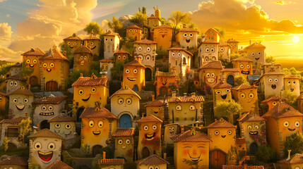 A cityscape at sunset where the buildings have animated faces, each showing a different expression of joy and contentment