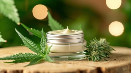 Jar of hemp white lotion. Cannabis cream with marijuana leaf - cannabis concept. Flat lay, top view