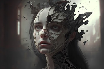 Self destruction woman distorted face shattering