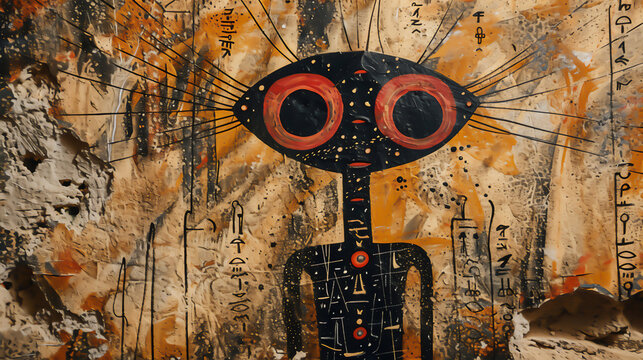 Cave painting narrative of a hybrid monster in space-Egyptian outfit with alien script on creation