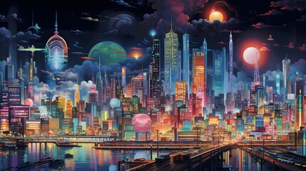 Panoramic view of the city at night. Panoramic illustration.