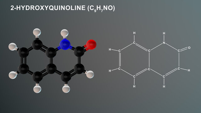 2-Hydroxyquinoline molecule isolated in black background 3d illustration
