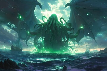 Cthulhu rising from the ocean in an art style evoking horror, with a dark and mysterious atmosphere.  - obrazy, fototapety, plakaty