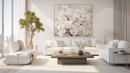  A contemporary living room adorned with sleek furniture and accents of white plants and flowers, creating a serene and refreshing atmosphere