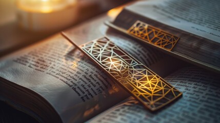 A set of metallic bookmarks, each with a unique geometric design, peering out from the pages of classic novels, set against a backdrop of soft, warm lighting hyper realistic