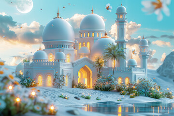 3D cartoon of a white mosque with white dome and spires surrounded by greenery, lanterns hanging from the roof. Created with Ai - obrazy, fototapety, plakaty