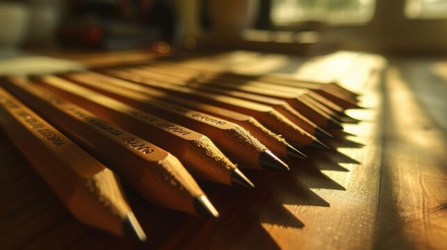 A set of engraved wooden pencils, each bearing a motivational word, arranged neatly on a desk, set against the morning light, inspiring creativity and focus no dust