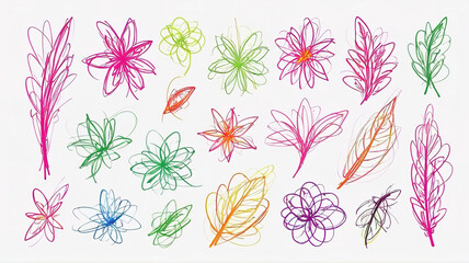 Set of colorful flowers on a white background. Hand-drawn illustration.