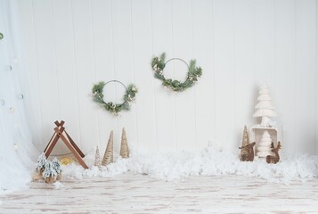 Beautiful Christmas photoshoot background with winter decorations