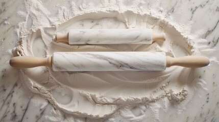 A pair of polished marble rolling pins, set against a dusted flour background, blending elegance with the tactile joy of baking low texture - obrazy, fototapety, plakaty
