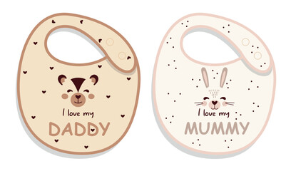 Vector Baby feeding bib with cute cartoon bunny and teddy bear stickers Flat style