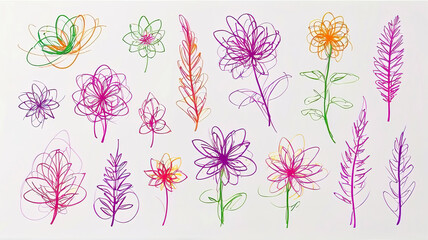 Set of colorful flowers on a white background. Hand-drawn illustration.