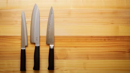 Fotobehang A minimalist Japanese knife set, its blades sharp and precise, set against a backdrop of smooth, polished wood, highlighting the zen of kitchen prep low texture © kitidach