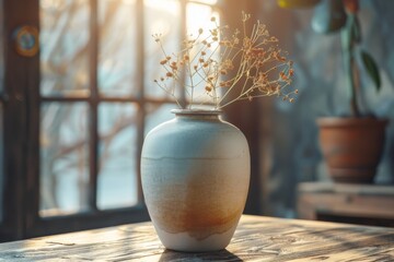 A rustic ceramic vase with dry flora on a wooden table, sunlight streaming through a window. - obrazy, fototapety, plakaty