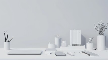 A minimalist desk organizer, filled with neatly arranged stationery essentials, set against a clean, white background, highlighting organization and simplicity hyper realistic - obrazy, fototapety, plakaty