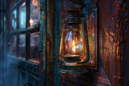 An aged lantern mounted on a weathered wooden building entrance at night